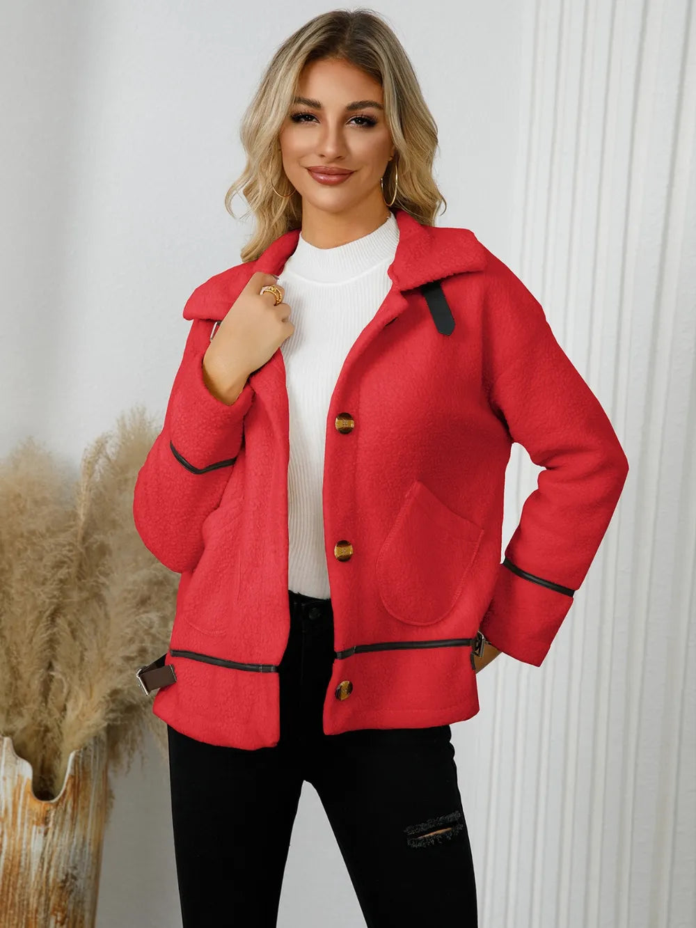 Deep Red Pocketed Button Down Collared Neck Jacket | Jackets Daverri Fashions