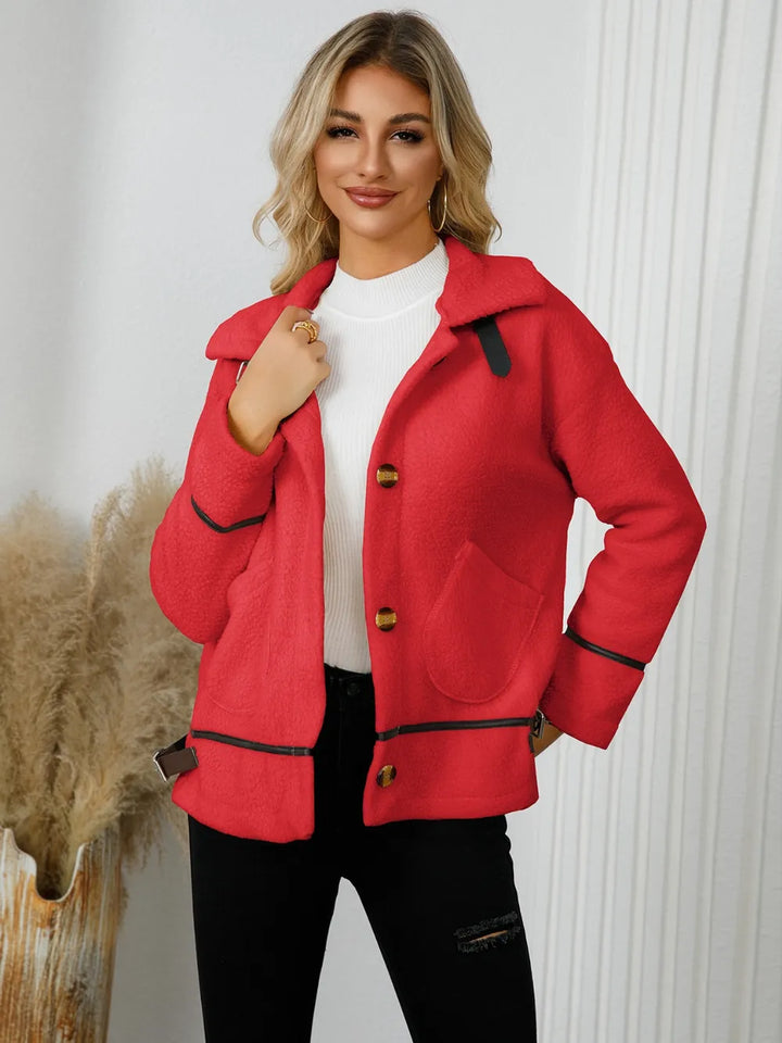 Deep Red Pocketed Button Down Collared Neck Jacket | Jackets Daverri Fashions