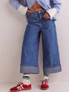 Blue pinstripe wide-leg cropped denim jeans with rolled cuffs