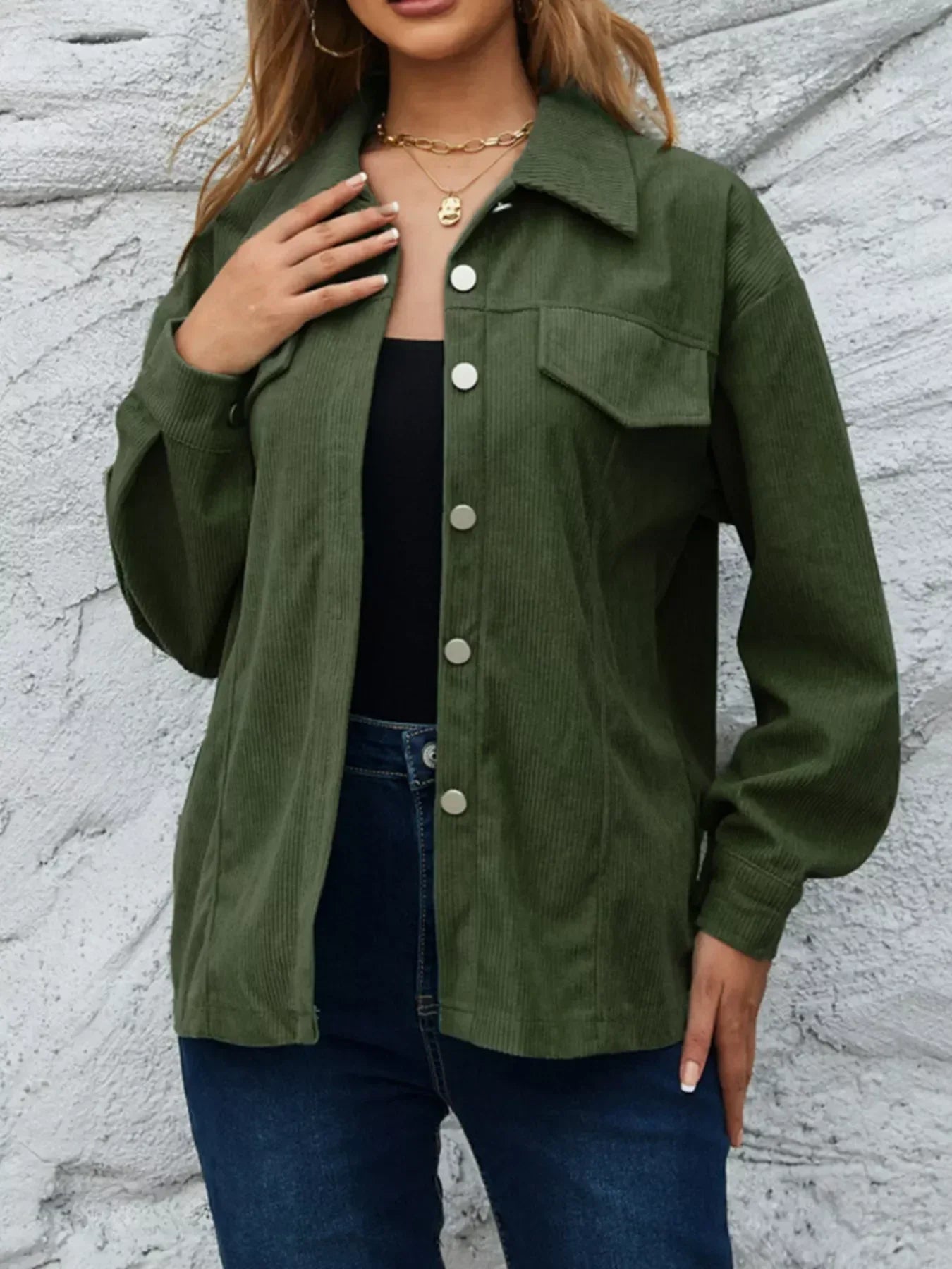 Corduroy Button-Down Shacket - DAVERRI FASHIONS