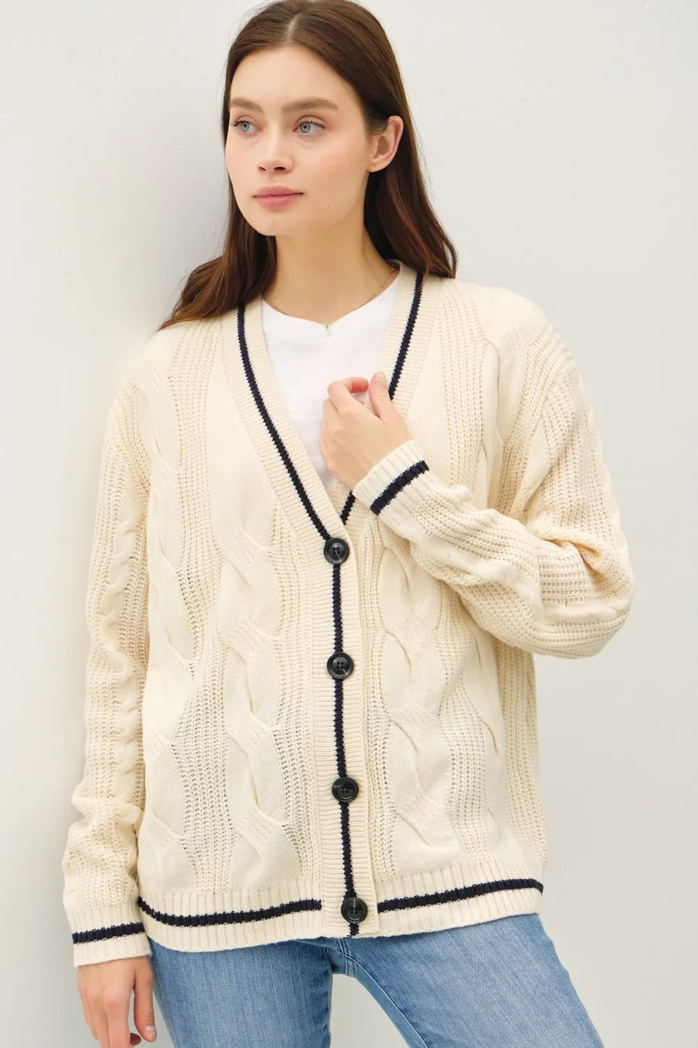 Be Cool Contrast Trim Cable-Knit V-Neck Cardigan Natural Cardigans