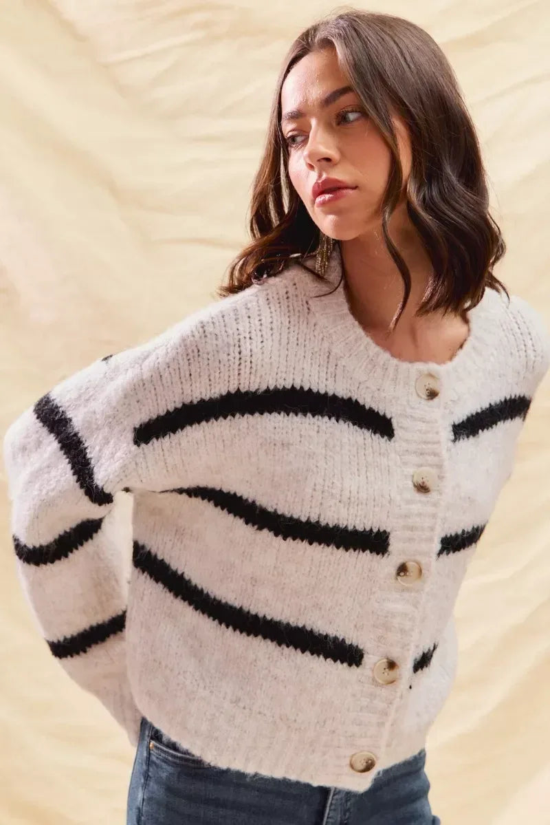 SO ME Stripe Soft Touch Button Cozy Sweater Cardigan - DAVERRI FASHIONS