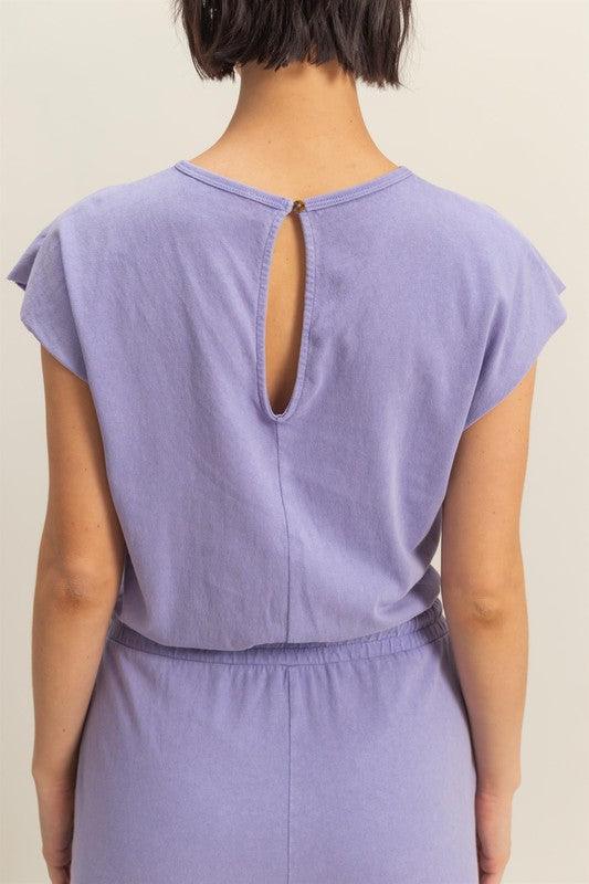 HYFVE Back Keyhole Round Neck Cap Sleeve Drawstring Jumpsuit Jumpsuits