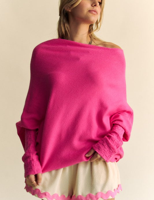 Davi & Dani Solid Color Batwing Sleeve Sweater Hot Pink Tops