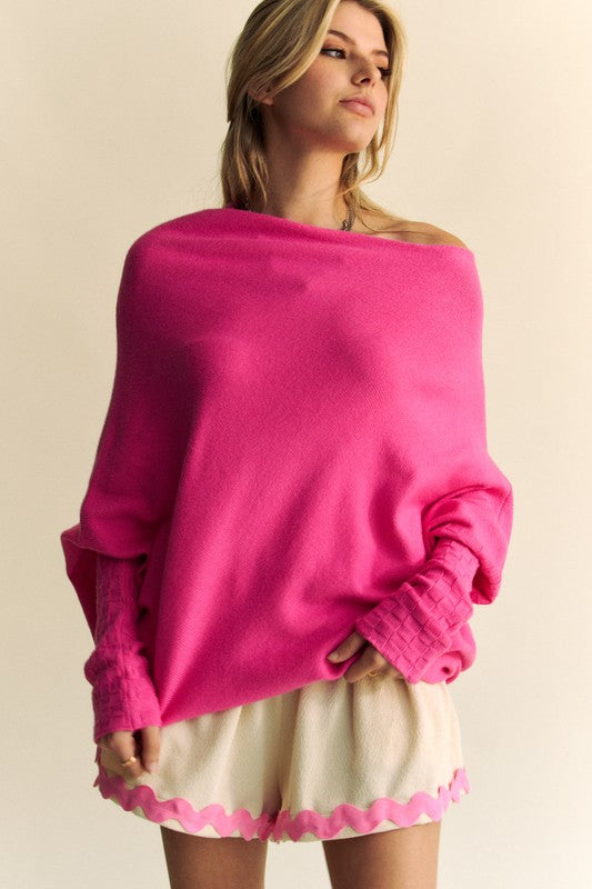 Davi & Dani Solid Color Batwing Sleeve Sweater Hot Pink Tops