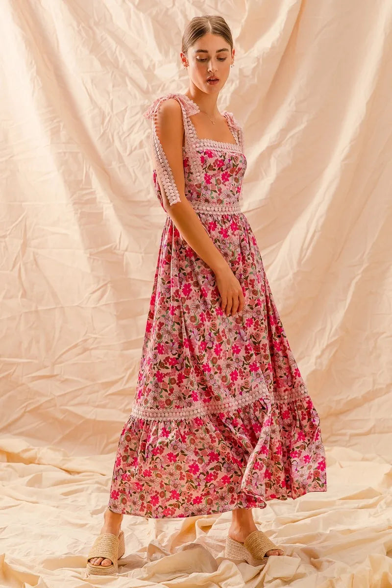SO ME floral maxi dress with ribbon tie lace strap, pink ruffles