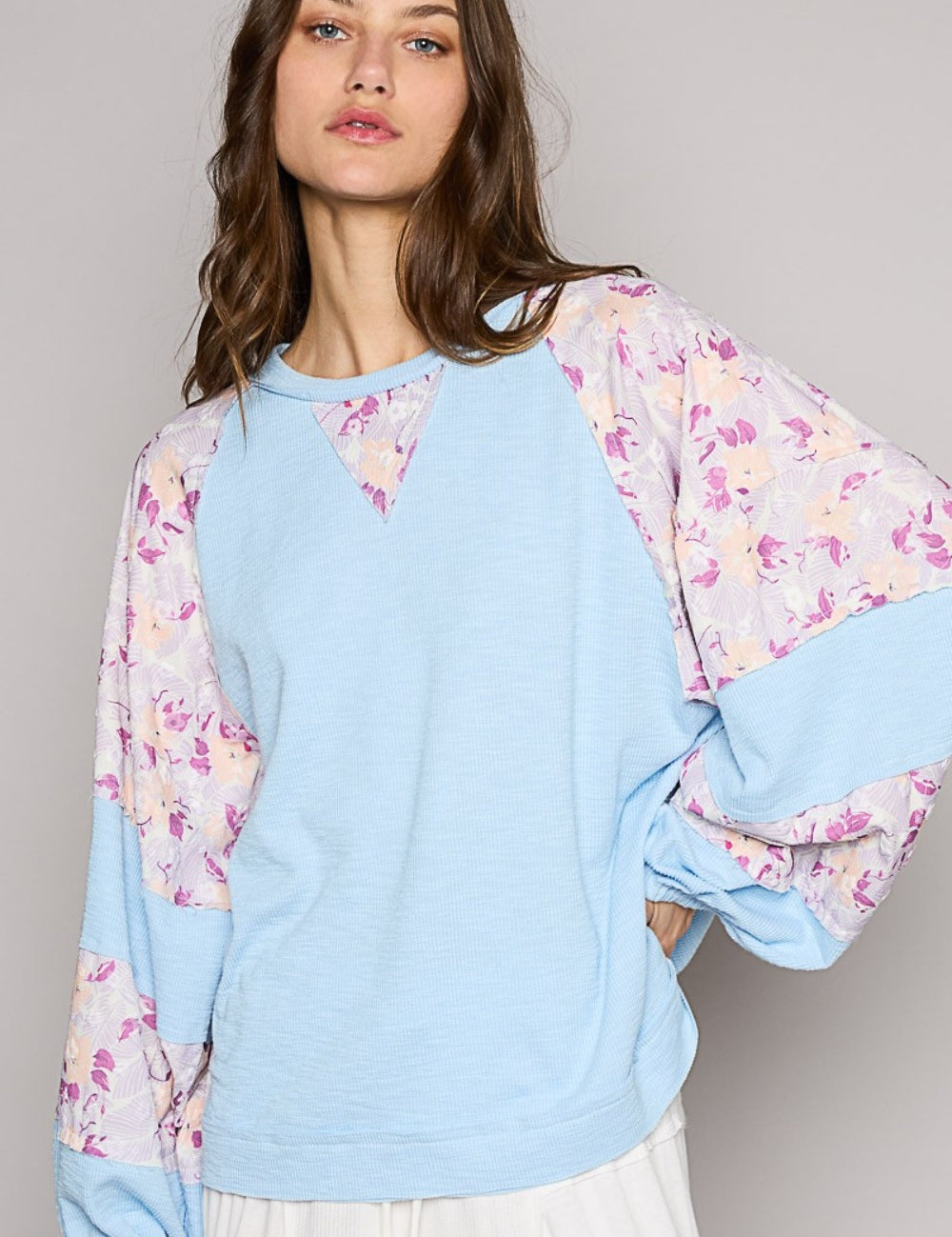 POL Round Neck Balloon Floral Long Sleeve Top Sky Blue Multi