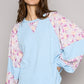 POL Round Neck Balloon Floral Long Sleeve Top Sky Blue Multi