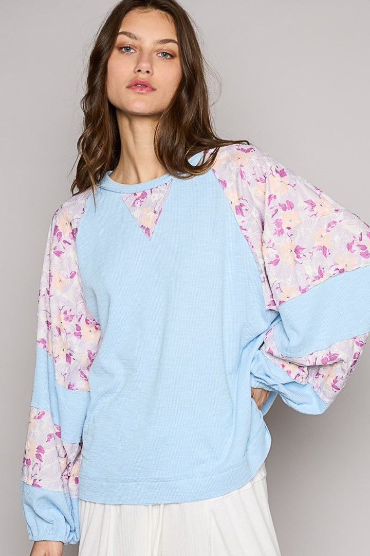 POL Round Neck Balloon Floral Long Sleeve Top Sky Blue Multi