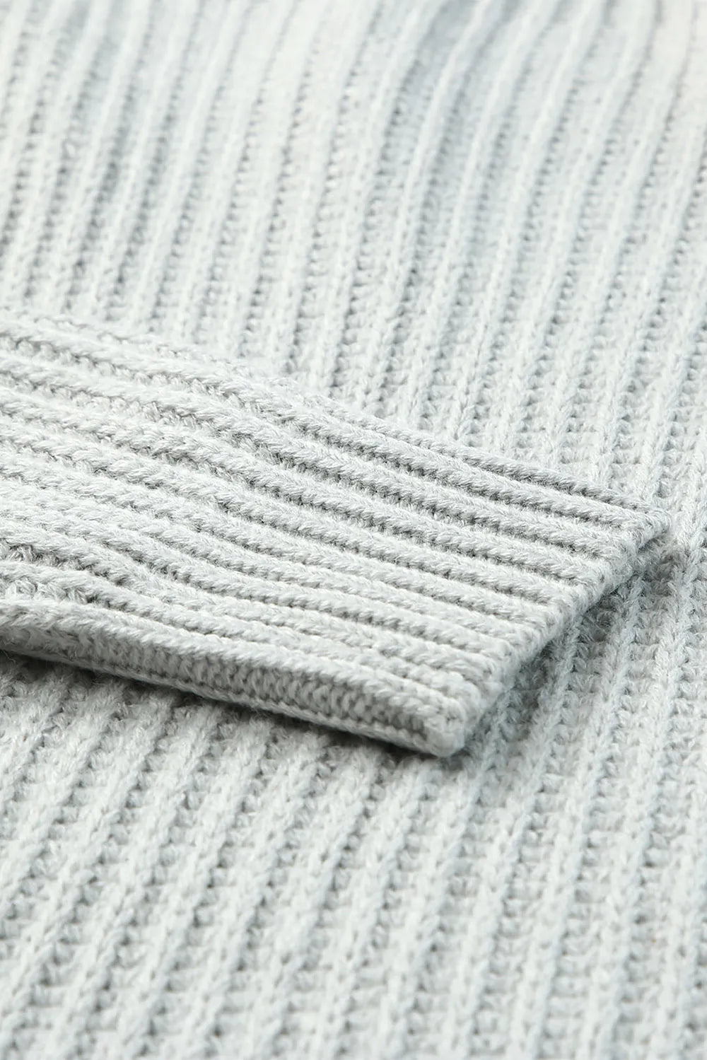 Light gray ribbed boat neck long sleeve sweater with side slits