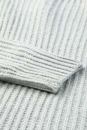 Light gray ribbed boat neck long sleeve sweater with side slits