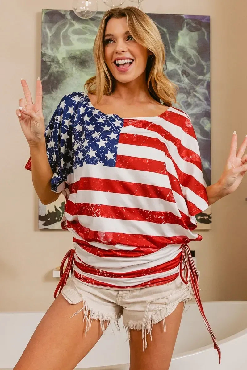 BiBi American Flag Printed Side Ruched Details Knit Top - DAVERRI FASHIONS