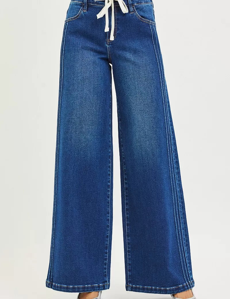 DARK RISEN Full Size Mid Rise Wide Side Pintuck Jeans with Front Drawstring Plus Size | Jeans Daverri Fashions