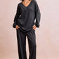 Dark gray ribbed knit loungewear set with V-neck top and pants