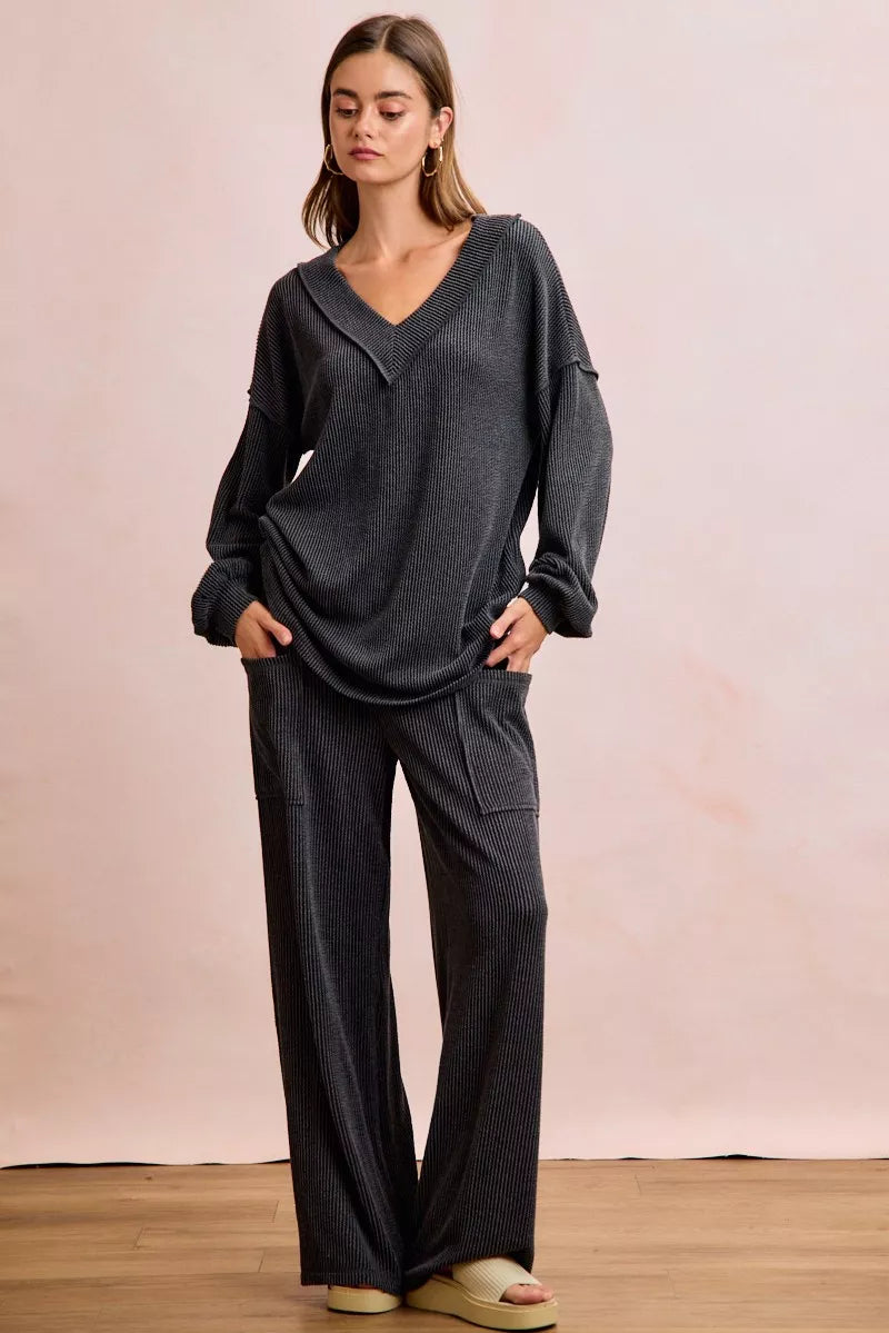 Dark gray ribbed knit loungewear set with V-neck top and pants