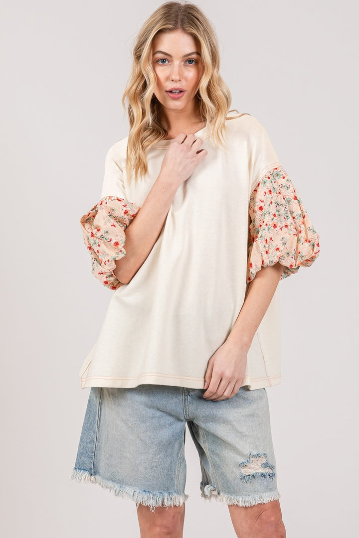 SAGE + FIG Round Neck Bubble Sleeve Oversize Top Tops