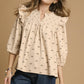 Umgee Bow Print Corduroy Puff Sleeve Blouse with Ruffled OATMEAL