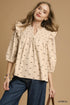 Umgee Bow Print Corduroy Puff Sleeve Blouse with Ruffled OATMEAL
