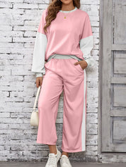 Blush Pink Color Block Round Neck Top and Pants Set | Loungewear Sets Daverri Fashions