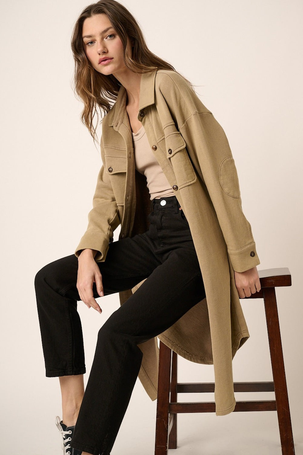 Mittoshop Acid Wash French Terry Longline Shacket Taupe Shackets