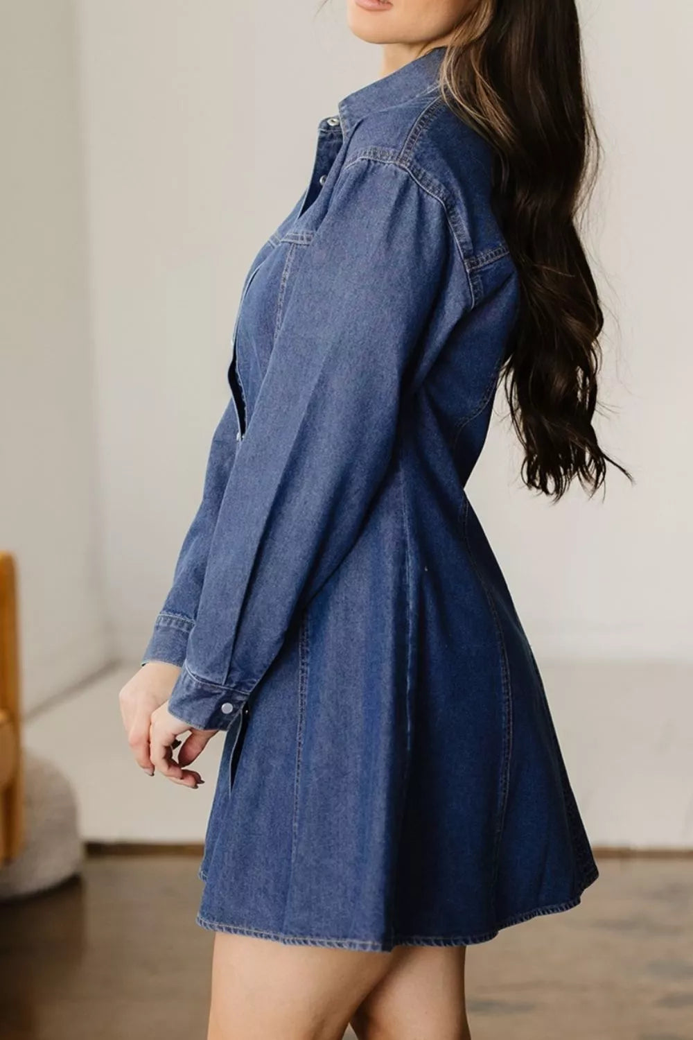Classic blue denim shirt collar long sleeve flared mini dress