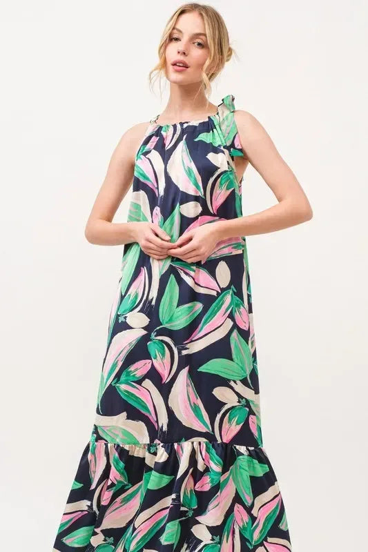 And The Why Botanical Printed Halterneck Tiered Maxi Dress - DAVERRI FASHIONS
