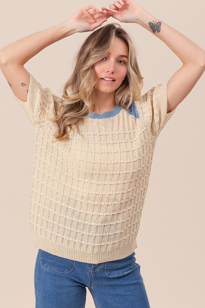 BiBi Textured Contrast Short Sleeve Sweater Sweaters