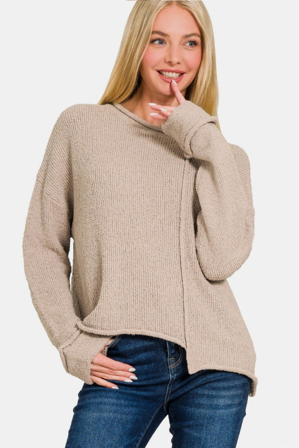 Zenana Asymmetric Hem Drop Shoulder Sweater Sweaters