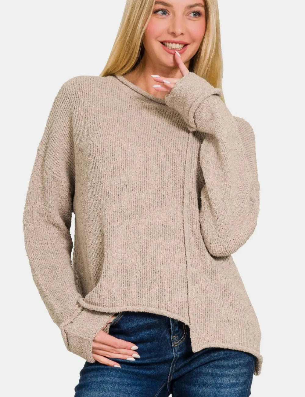 Ash Mocha S Zenana Asymmetric Hem Drop Shoulder Sweater | Sweaters Daverri Fashions