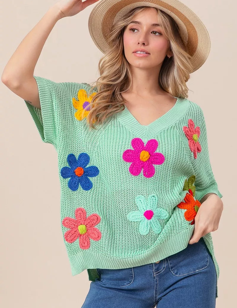SAGE BiBi Flower Patches Dolman Sleeve Lightweight Sweater | Daverri Fashions