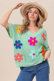 SAGE BiBi Flower Patches Dolman Sleeve Lightweight Sweater | Daverri Fashions