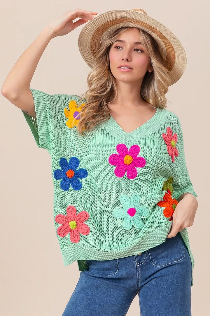 SAGE BiBi Flower Patches Dolman Sleeve Lightweight Sweater | Daverri Fashions