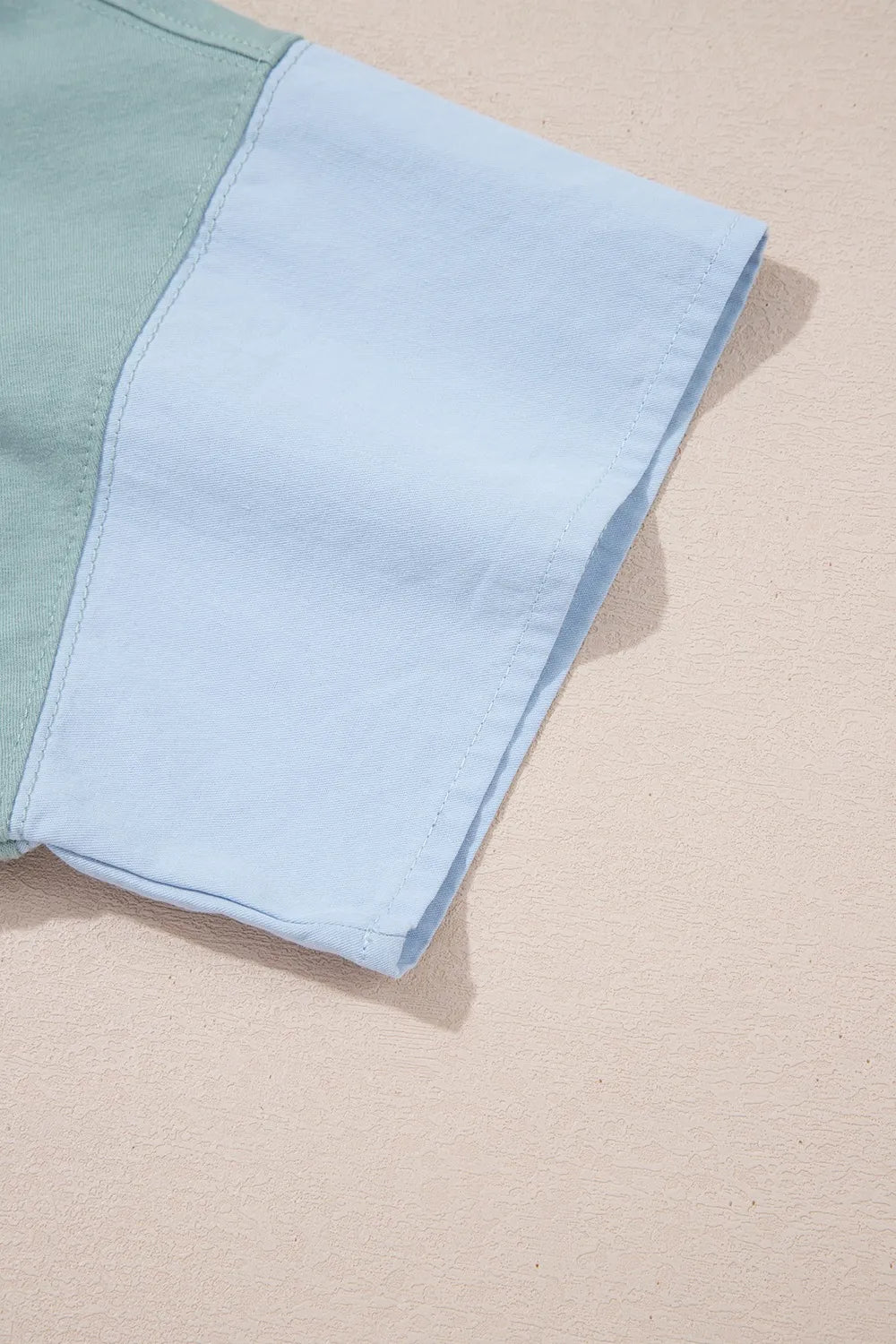 Light blue and mint green two-tone sleeve on Frayed Denim Star Patched Oversize T Shirt