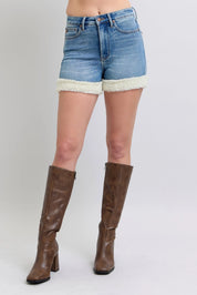 Judy Blue Full Size Hw Tummy Control Shearling Cuff Denim Shorts Plus Size | Denim Shorts Daverri Fashions