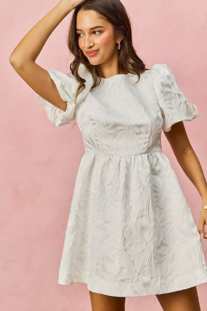 White textured SO ME floral jacquard mini dress with puff sleeves