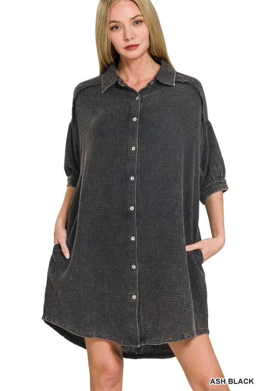 Zenana Washed Double Gauze Button Down Shirt Dress