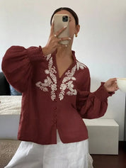 Daverri Fashions Embroidered Notched Long Sleeve Blouse - DAVERRI FASHIONS