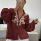 Daverri Fashions Embroidered Notched Long Sleeve Blouse - DAVERRI FASHIONS