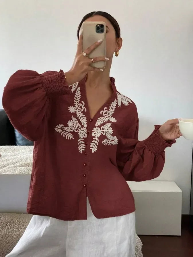 Daverri Fashions Embroidered Notched Long Sleeve Blouse - DAVERRI FASHIONS