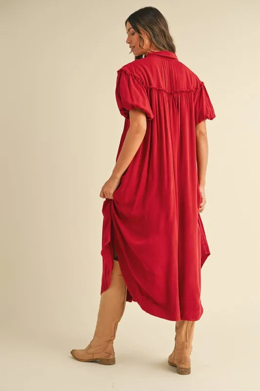 Annie Wear Mineral Washed Button Down Puff Sleeve Shirt Dress | Daverri Fashions