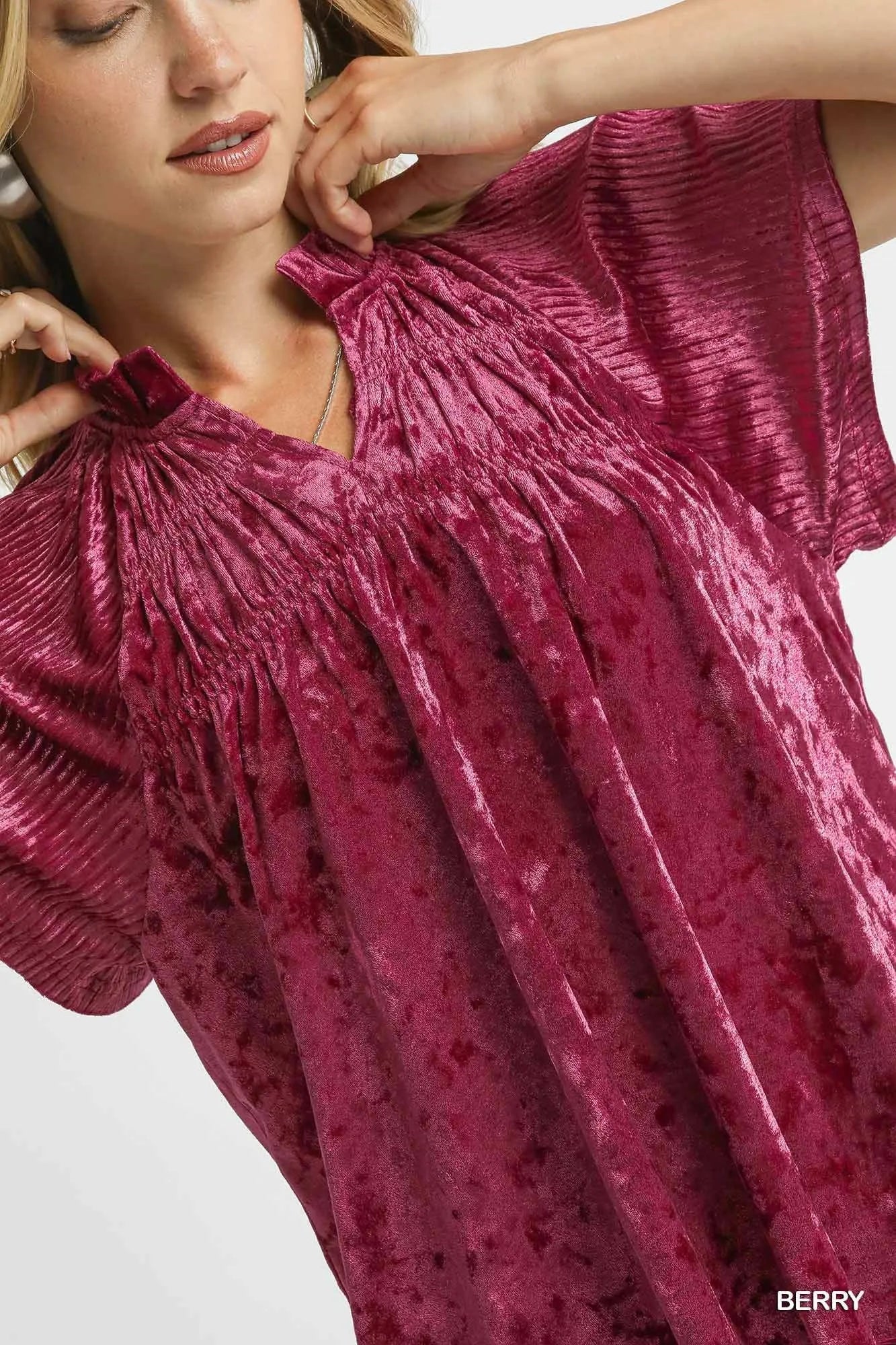 Umgee Crushed Velvet Pleated Blouse Blouses