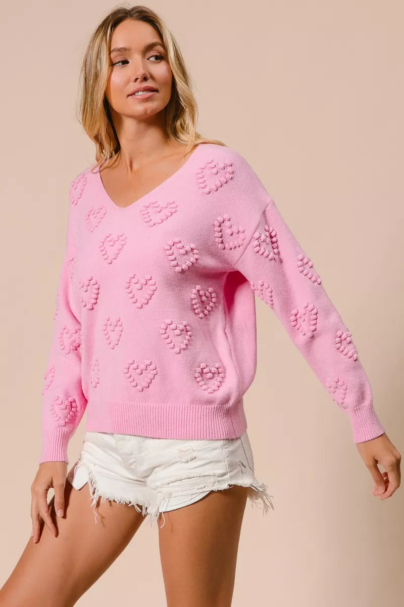 BiBi Valentines Heart Pompom V Neck Knit Top | Knit Tops Daverri Fashions