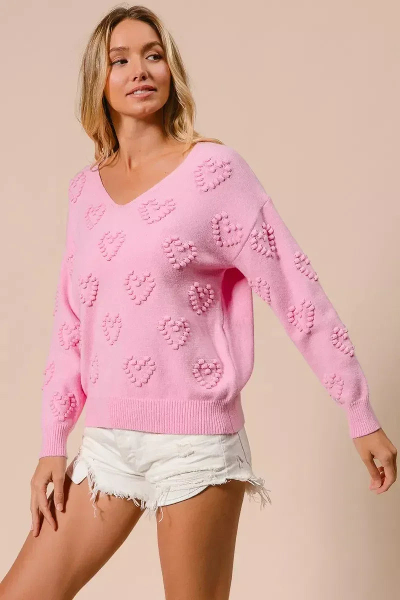 BiBi Valentines Heart Pompom V Neck Knit Top - DAVERRI FASHIONS