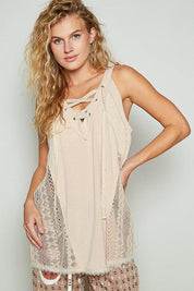 Beige POL Lace Up Crochet Lace Tank | Daverri Fashions