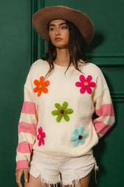 BiBi Colorful Floral Patched Sweater with Striped Sleeve | Sweaters Daverri Fashions