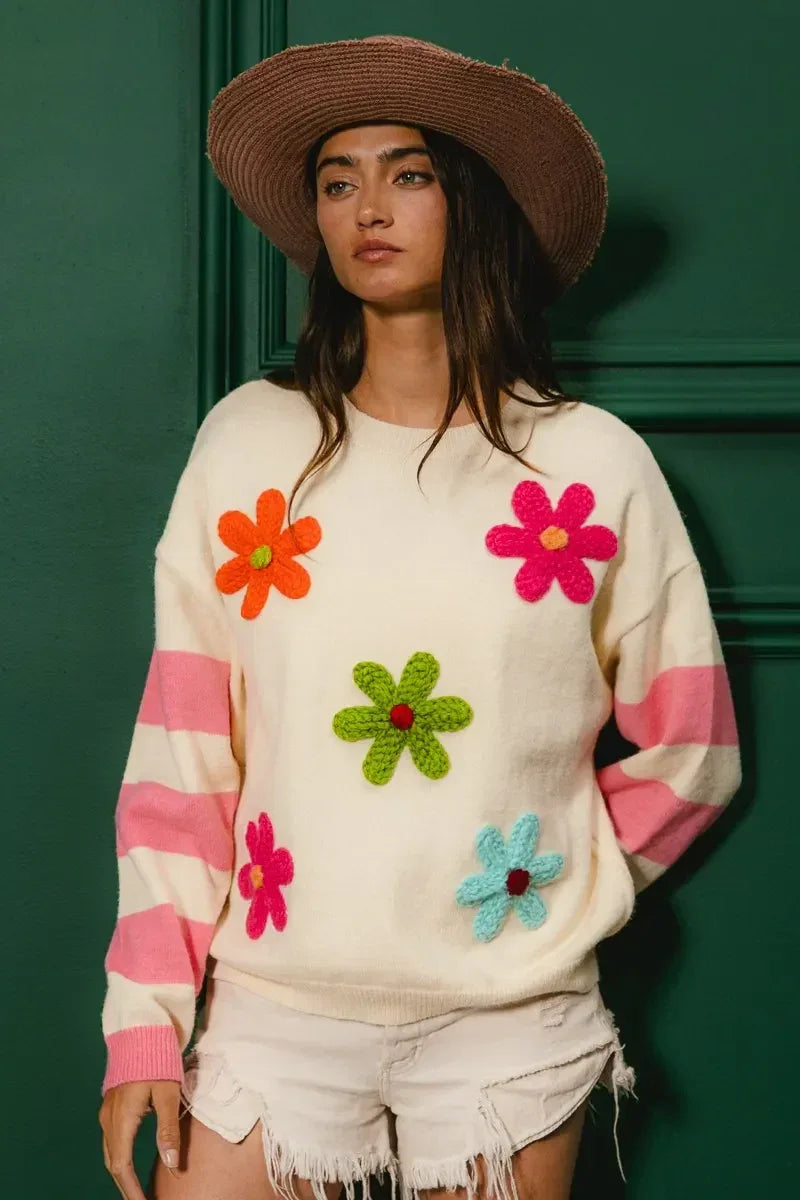 BiBi Colorful Floral Patched Sweater with Striped Sleeve - DAVERRI FASHIONS