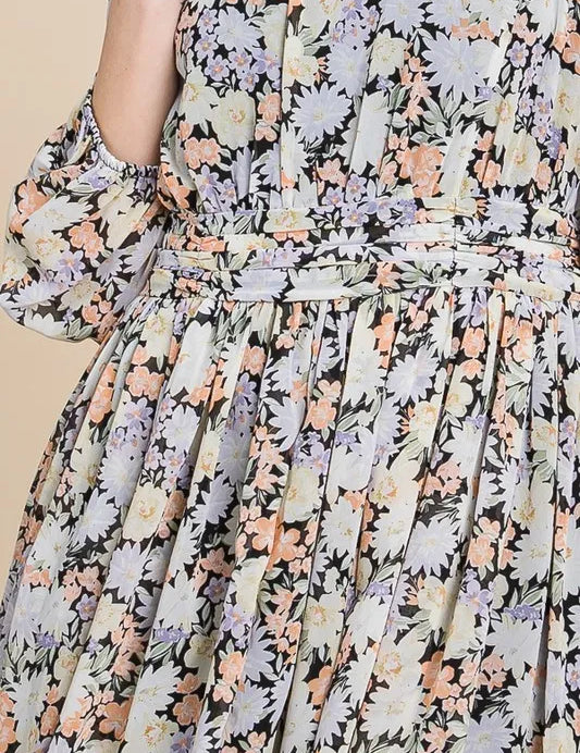 Lime 'N' Chili Chiffon Floral Print Belted Dress with Back Zipper | Daverri Fashions