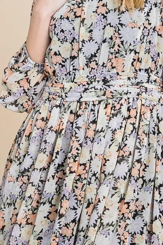 Lime 'N' Chili Chiffon Floral Print Belted Dress with Back Zipper - DAVERRI FASHIONS