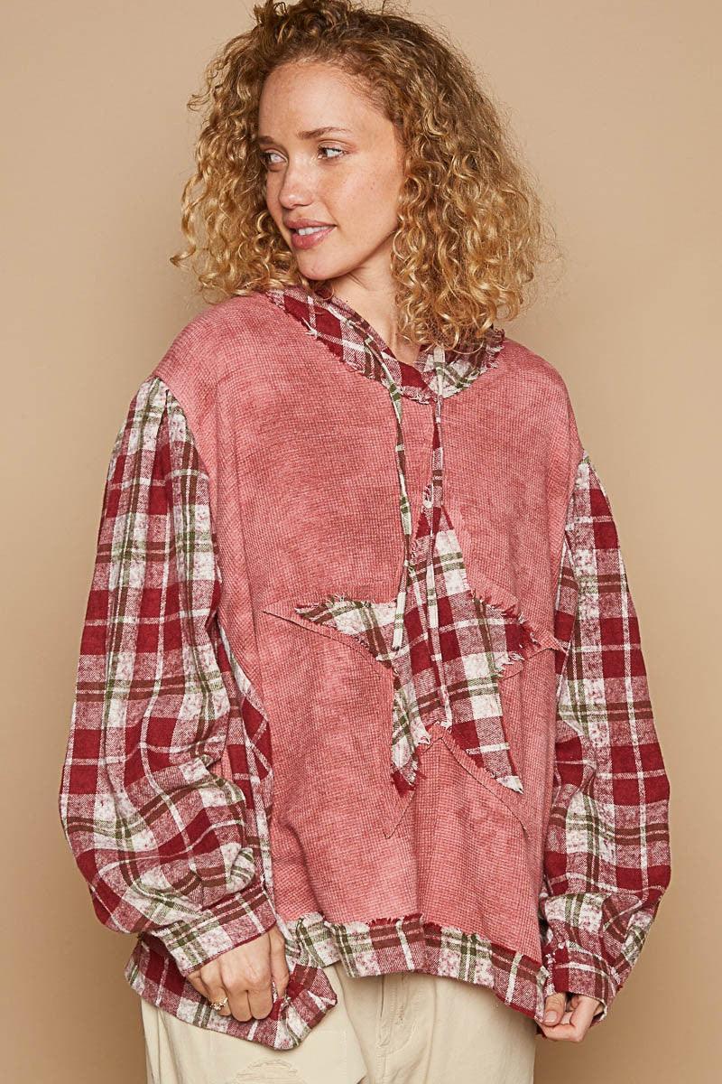 POL Star Patch Plaid Long Sleeve Hooded Top - DAVERRI FASHIONS
