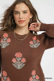 Umgee Floral Knit Sweater with Puff Sleeves | Daverri Fashions